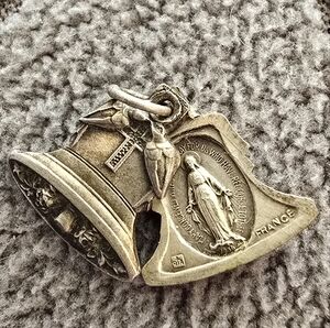 Vintage locket Notre Dame bell pendant silver tone Catholic religious jewelry